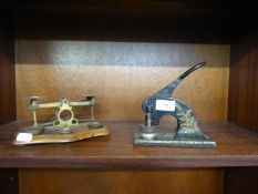POST OFFICE SCALES, WITH WEIGHTS, AND AN EMBOSSING STAMP (2)