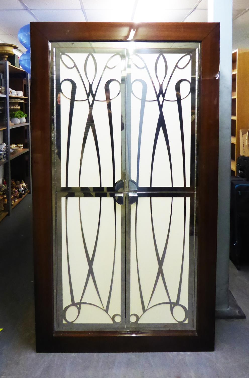 ART DECO STYLE LARGE COCKTAIL CABINET, IN HIGH GLOSS MAHOGANY WITH TWO PAIRS OF DOORS, WITH OVERLAID