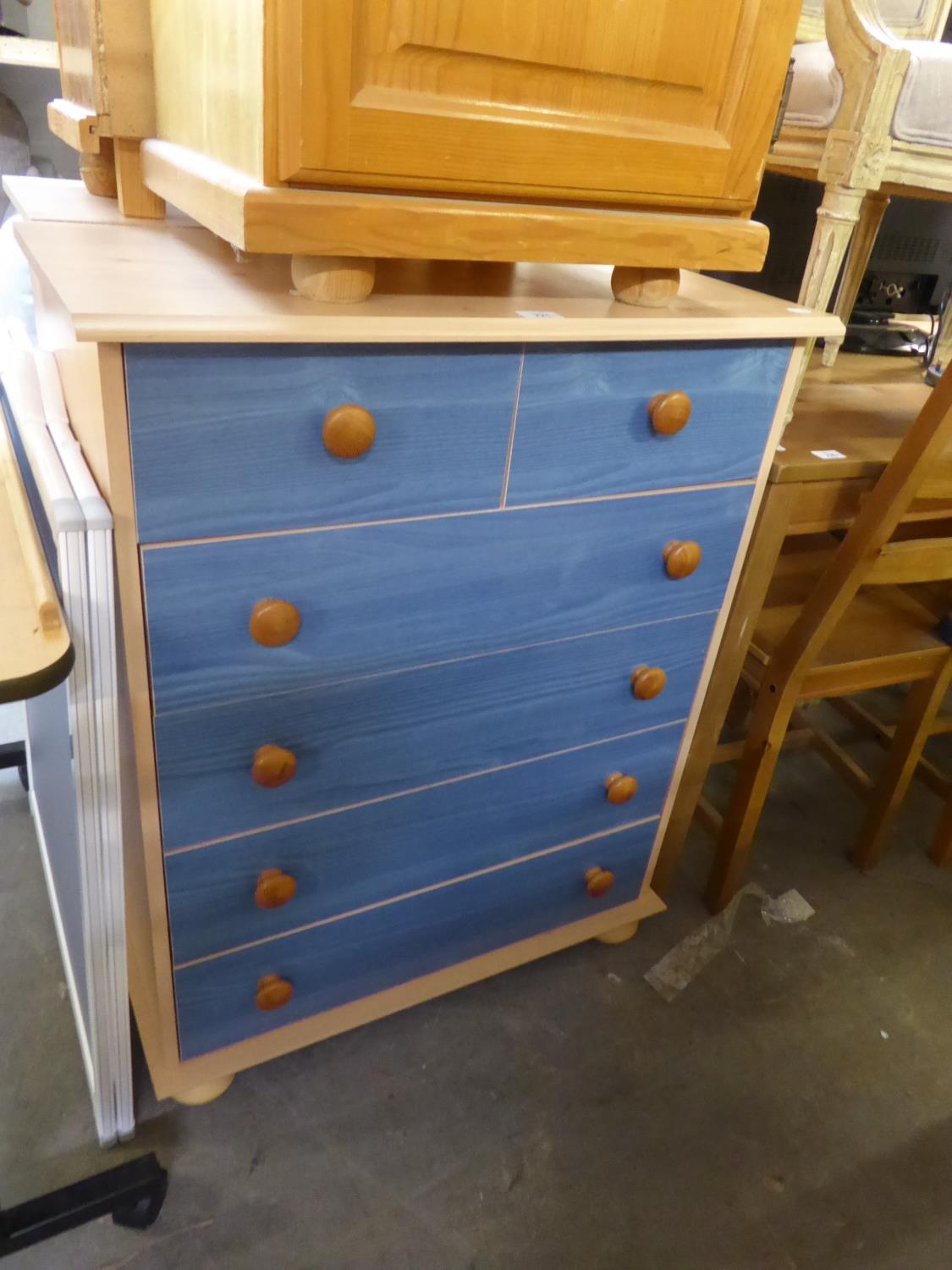 A PAIR OF PINE AND BLUE FRONTED CHESTS OF TWO SHORT AND FOUR LONG DRAWERS