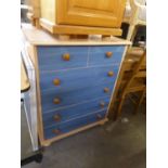 A PAIR OF PINE AND BLUE FRONTED CHESTS OF TWO SHORT AND FOUR LONG DRAWERS