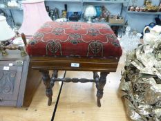 AN ADJUSTABLE VICTORIAN PIANO STOOL WITH FABRIC SEAT