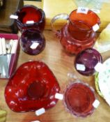 CRANBERRY GLASS EWER, VICTORIAN FRILL EDGED DISH, TWO PIECES OF RUBY STUDIO GLASS AND TWO WINE
