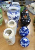 THREE PAIRS OF CHINOISERIE VASES, INCLUDING; WILLOW PATTERN BALUSTER EXAMPLES, WOOD AND SON '