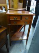 GEORGIAN STYLE INLAID MAHOGANY SMALL SIDE TABLE WITH TWO SHORT AND ONE LONG DRAWER AND AN
