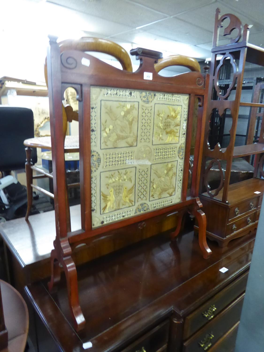 ARTS & CRAFTS MAHOGANY FIRE SCREEN WITH SILK EMBROIDERY
