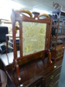 ARTS & CRAFTS MAHOGANY FIRE SCREEN WITH SILK EMBROIDERY