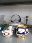 A CONTINENTAL CHINA BOWL WITH HOOP HANDLE; IMARI DECORATED CHINA DUCK; BLUE AND WHITE POTTERY TWO