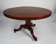 VICTORIAN MAHOGANY LOO TABLE with oval snap-top, on hexagonally panelled tapering column, on