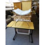 A GILT METAL DRESSING TABLE STOOL WITH LOOSE CUSHION AND AN OVER-BED TABLE WITH BEECH TOP AND A