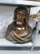 A BRONZED PLASTER LARGE BUST OF CHRIST