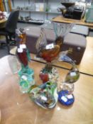 GROUP OF MURANO STYLE GLASS ANIMAL GROUPS, VIZ, DUCK, FISH, COCKEREL, PLUS BOWL, PAPERWEIGHT