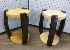 A PAIR OF ART DECO STYLE CIRCULAR TWO TIER COFFEE TABLES, EACH WITH THREE CURVED PANEL SUPPORTS by