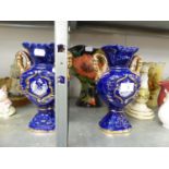 A PAIR OF ITALIAN BLUE AND GILT POTTERY TWO HANDLED VASES; A ‘BLUE SKY’ POTTERY MOORCROFT STYLE
