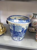 A REPRODUCTION BLUE AND WHITE PORCELAIN TOILET WATER BUCKET AND LID