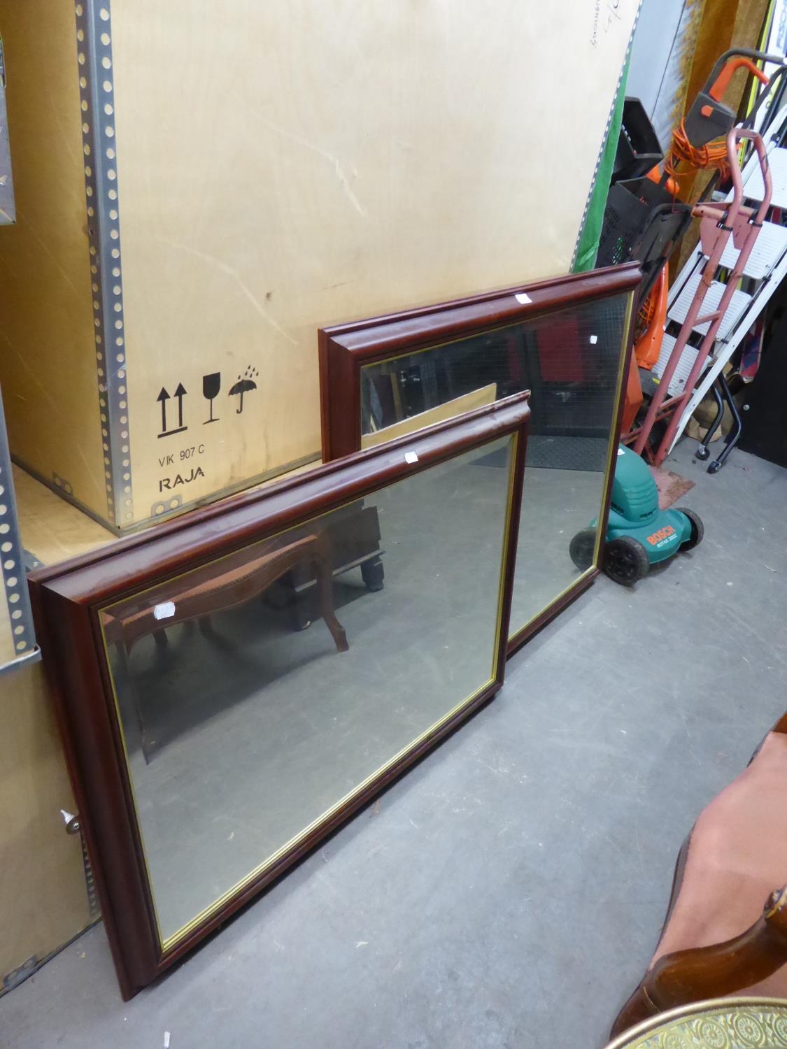 TWO LARGE, RECTANGULAR BEVELLED EDGE WALL MIRRORS, IN MAHOGANY FRAMES (2)