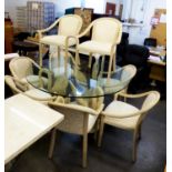 A CREAM FINISH BEECH WOOD DINING ROOM SUITE, COMPRISING SET OF 8 ARMCHAIRS WITH SWEPT ARMS,