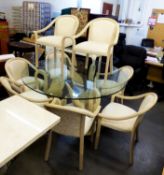 A CREAM FINISH BEECH WOOD DINING ROOM SUITE, COMPRISING SET OF 8 ARMCHAIRS WITH SWEPT ARMS,