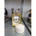 A PAIR OF ELECTROPLATE TABLE CANDLESTICKS; 'TIMEMASTER' QUARTZ MANTEL CLOCK; A DECORATED EGG