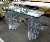 A HALL TABLE WITH PLATE GLASS TOP, ON PERSPEX PANEL SUPPORTS