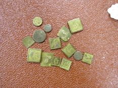 TWO DRACHMS ANTIQUE APOTHECARY '37' WEIGHT SQUARE BRASS TOKENS; APPROXIMATELY 14 VARIOUS '