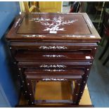 A NEST OF THREE CHINESE HARDWOOD OBLONG COFFEE TABLES, WITH BONE INLAY