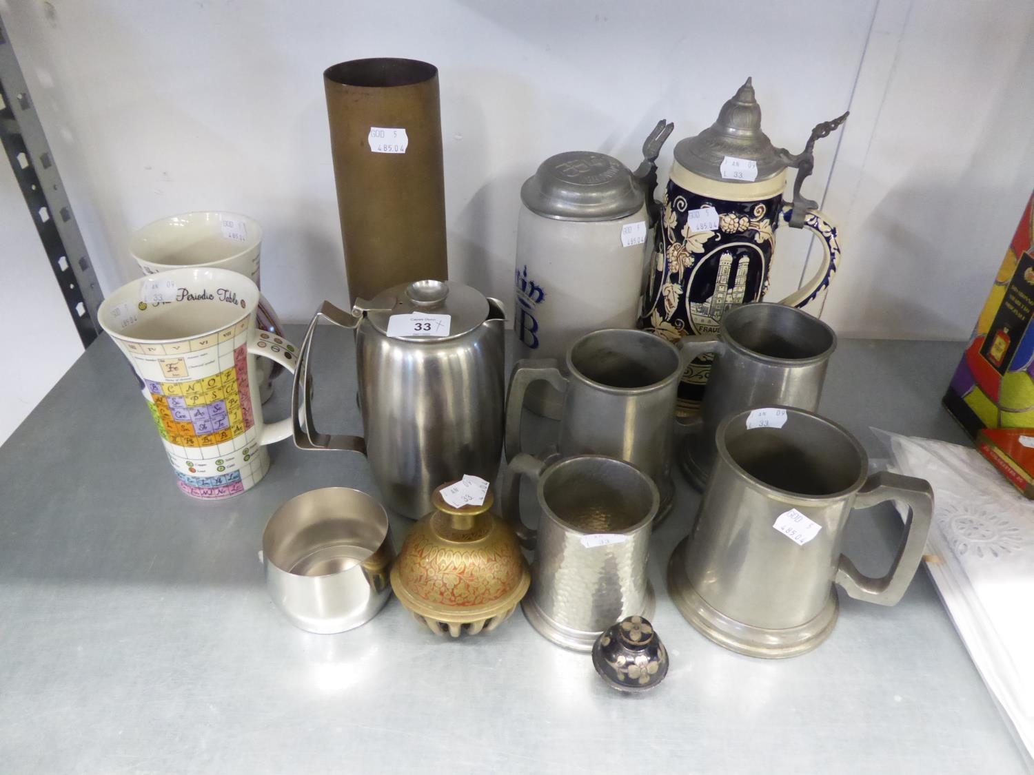 TWO LARGE POTTERY STEINS WITH PEWTER LIDS, FOUR PEWTER TANKARDS (THREE WITH GLASS BASES) 2 ITEMS