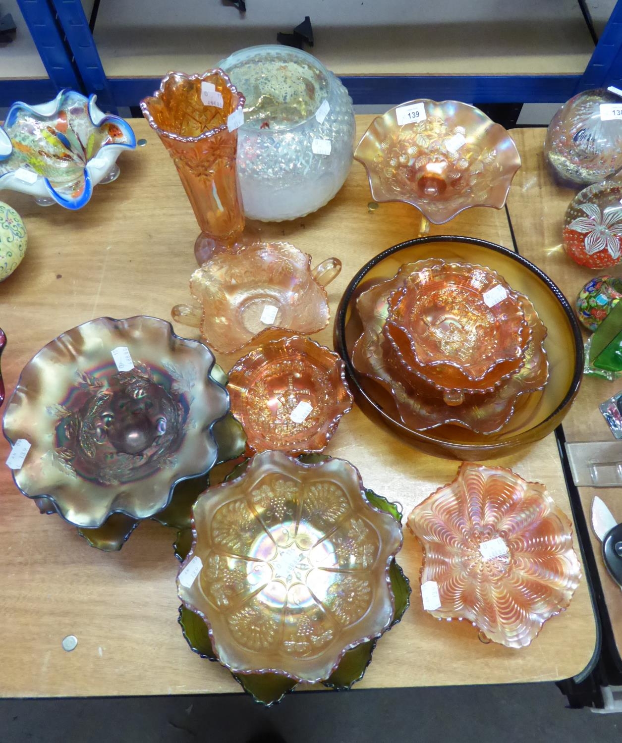 GROUP OF CARNIVAL GLASS, MAINLY ORANGE AND OPALESCENT BOWLS (15)