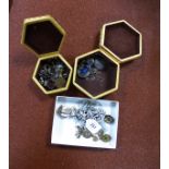 PAIR OF STERLING SILVER FLOWER PATTERN CLIP EARRINGS EACH SET WIHT A SMALL BLUE STONE; A GOLD PLATED