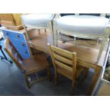 A SET OF FOUR PINE LADDER BACK SINGLE CHAIRS WITH PANEL SEATS, WITH LOOSE SQUAB CUSHIONS AND A