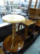 A MAHOGANY SQUARE TWO TIER JARDINIÈRE STAND AND A PINE TRIPOD WINE TABLE (2)