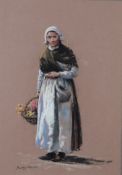 SEEREY LESTER PASTEL DRAWING Dutch woman carrying a basket of flowers Signed lower left 15in x 10