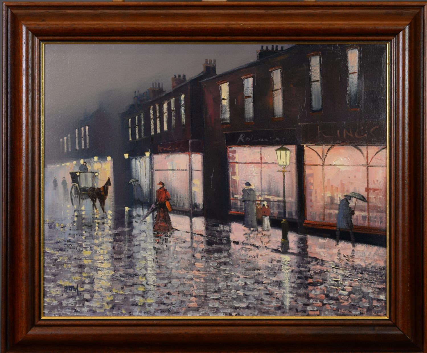 BARRY HILTON (b.1941) OIL ON CANVAS Bygone street scene on rainy evening Signed 15 ½” x 19 ¾” (39. - Image 2 of 2