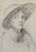 UNATTRIBUTED PENCIL DRAWING Bust portrait of a lady in brimmed hat Unsigned 12 ½” x 9” (31.8cm x