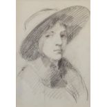 UNATTRIBUTED PENCIL DRAWING Bust portrait of a lady in brimmed hat Unsigned 12 ½” x 9” (31.8cm x