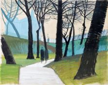 DEREK H WILKINSON (1929-2001) GOUACHE ON PAPER Two figures walking through a park with buildings and