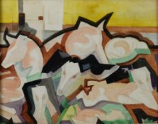 MAY BROADHURST (active 1930 - 50) WATERCOLOUR DRAWING Abstract with horses heads Inscribed verso 7
