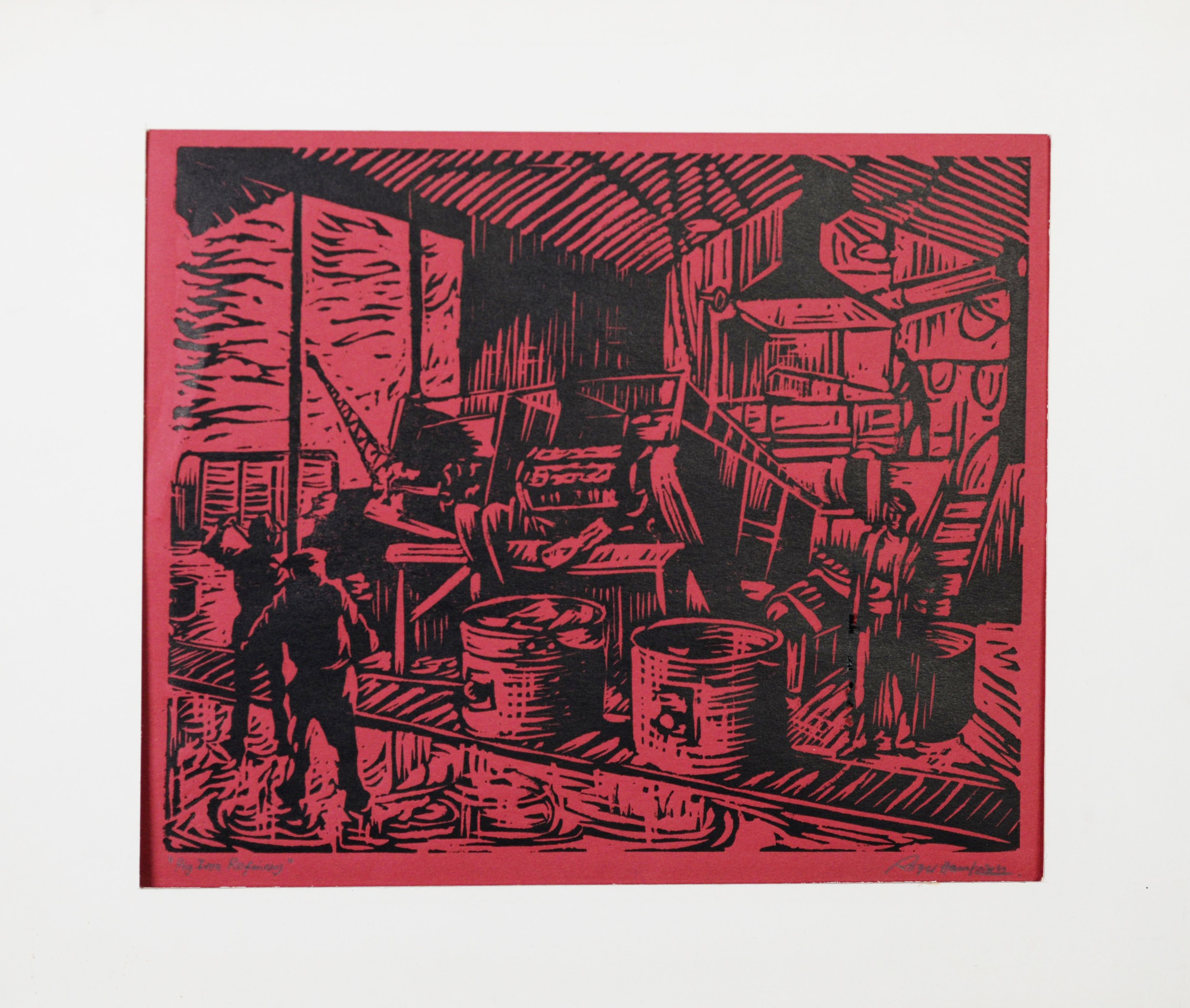 ROGER HAMPSON (1925 - 1996) WOODCUT PRINT ON WINE RED PAPER Pig Iron Refinery Signed and titled in - Image 2 of 2