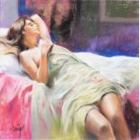 DOMINGO (b.1946) PASTEL ‘Relajante’ Signed, titled to gallery label verso 16” x 16” (40.6cm x 40.