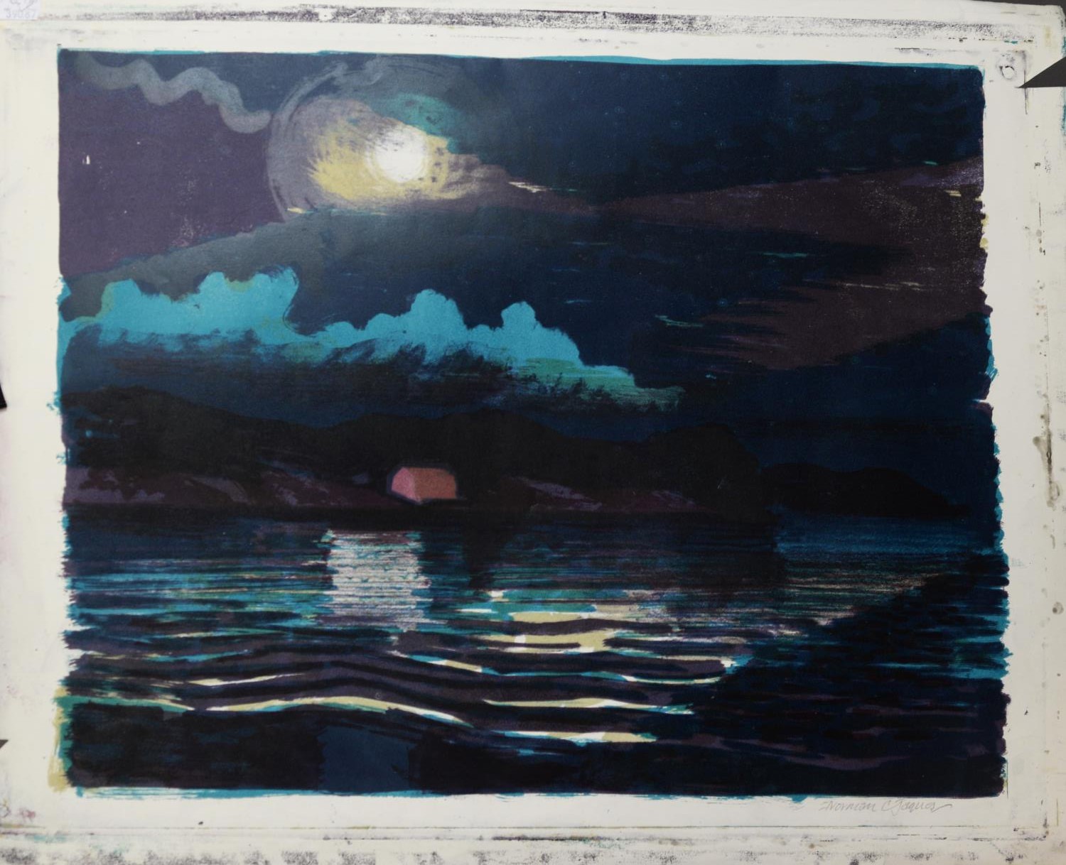 NORMAN JAQUES (1922-2014) THREE UNTITLED COLOUR PRINTS ‘Moonlight’, seascape, signed ‘Sunset in - Image 2 of 3