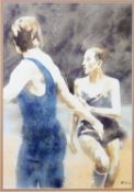 ROGER KIRK (TWENTIETH/ TWENTY FIRST CENTURY) WATERCOLOUR Two female figures dancing Signed, bears