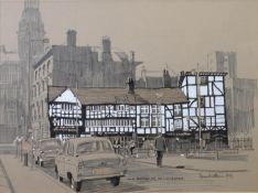 DENNIS WATKINS (TWENTIETH CENTURY) TWO PEN AND WASH DRAWINGS, heightened in white ‘The Shambles,