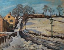 PERCY MONKMAN (1892-1986) OIL ON BOARD Winter lane scene with farm buildings, possibly Kirklands