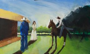 COLIN JELLICOE (1942-2018) FIVE ACRYLICS OR WATERCOLOURS ON PAPER Cowboy subjects Signed and