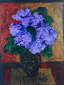 MIKE CAIN (b.1941) ACRYLIC ON BOARD ‘Purple Flowers’ Signed and tiled to ‘The Gallery’,