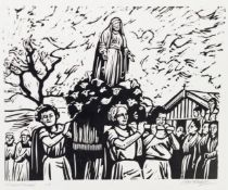 ROGER HAMPSON (1925 - 1996) WOODCUT PRINT ON WHITE PAPER Religious Procession Signed, titled and