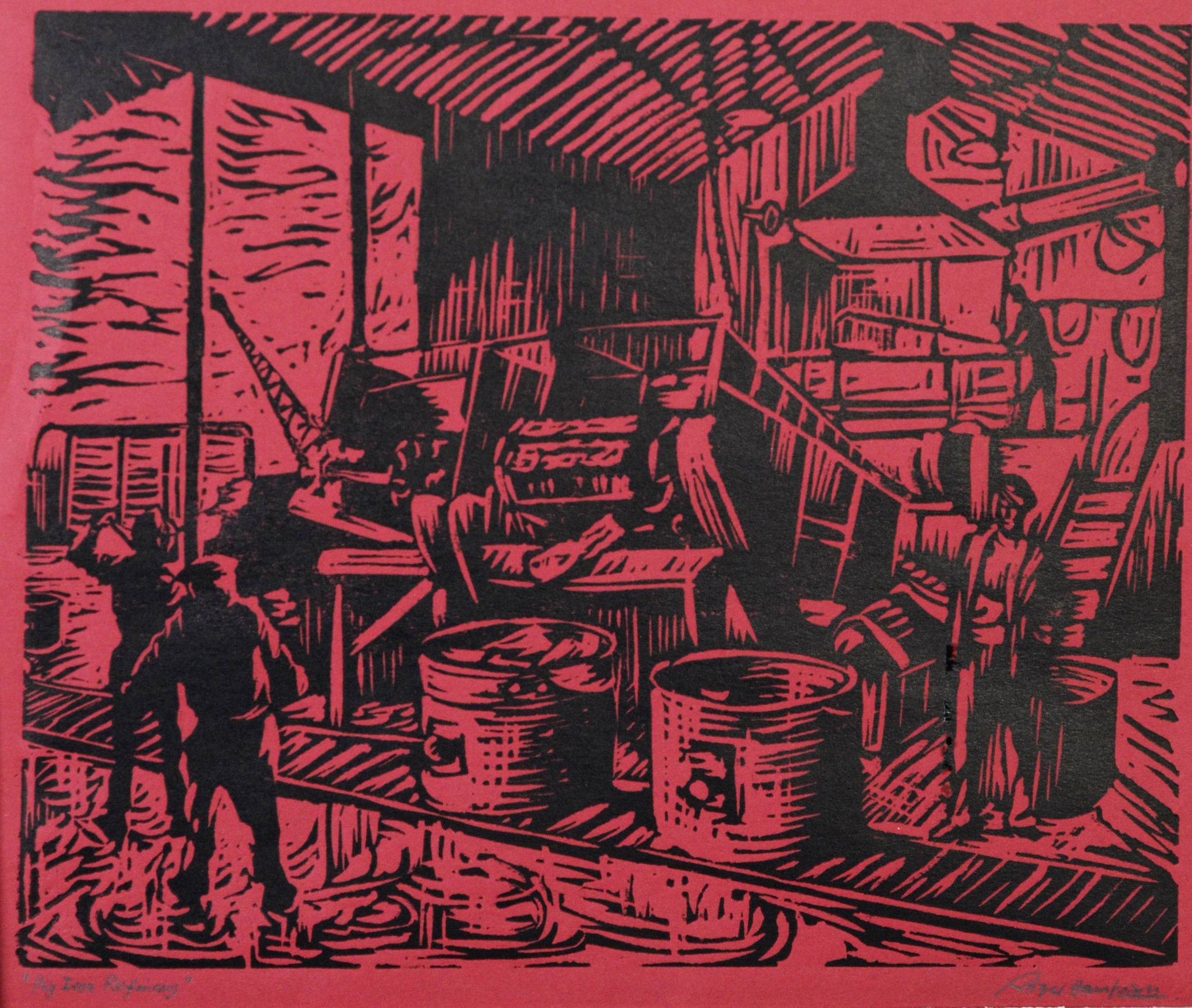 ROGER HAMPSON (1925 - 1996) WOODCUT PRINT ON WINE RED PAPER Pig Iron Refinery Signed and titled in