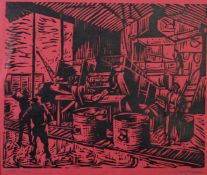 ROGER HAMPSON (1925 - 1996) WOODCUT PRINT ON WINE RED PAPER Pig Iron Refinery Signed and titled in