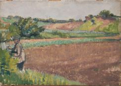 HARRY RUTHERFORD (1903 - 1985) OIL PAINTING ON BOARD Rural landscape with the artist depicted