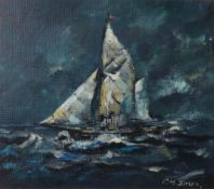 CHARLES M JONES (1923-2008) OIL ON BOARD Yacht under sail on rough water Signed 13 ½” x 15 ½” (34.