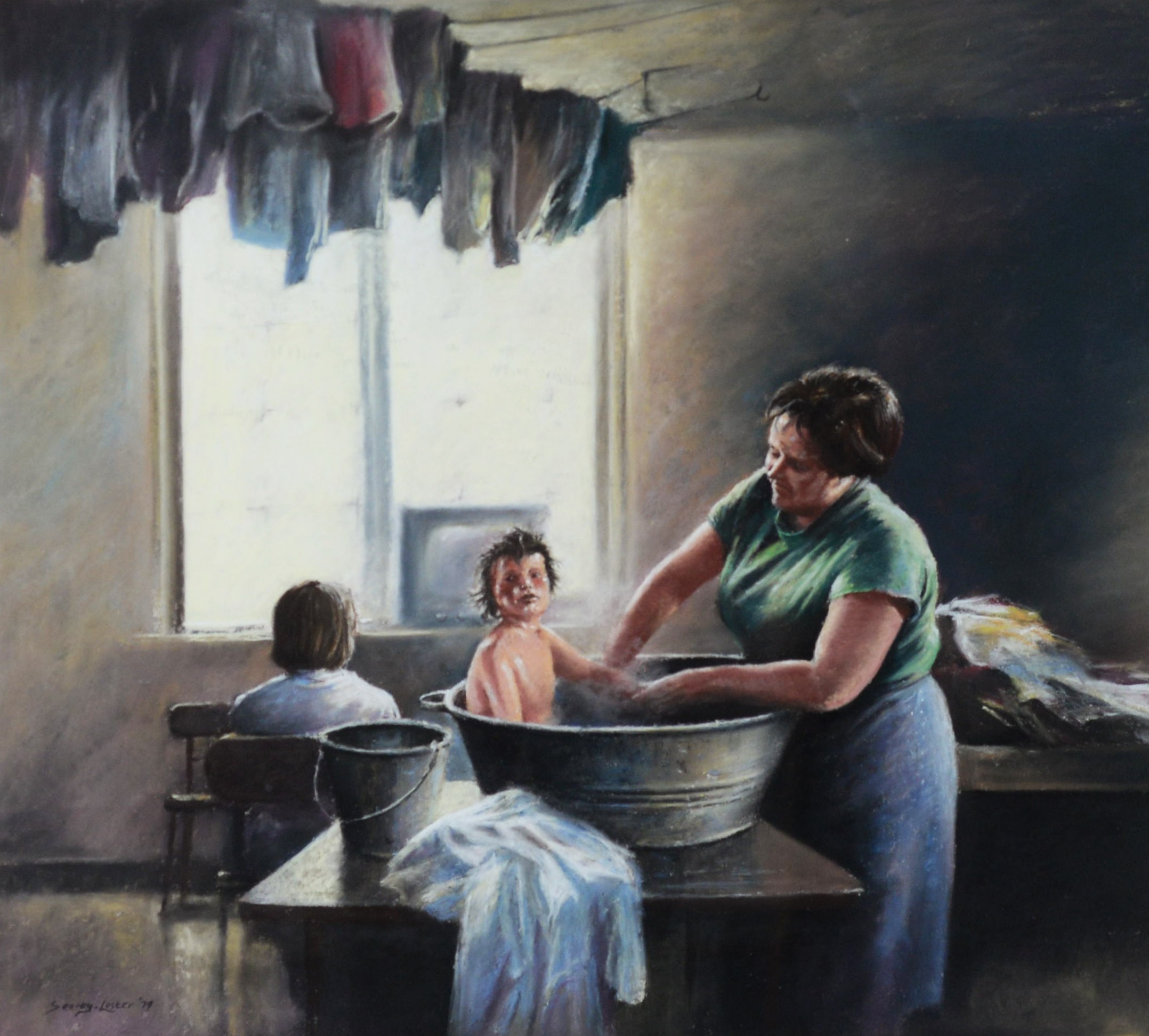 SEEREY LESTER PASTEL DRAWING Interior with woman bathing a young child in a zinc tub Signed lower